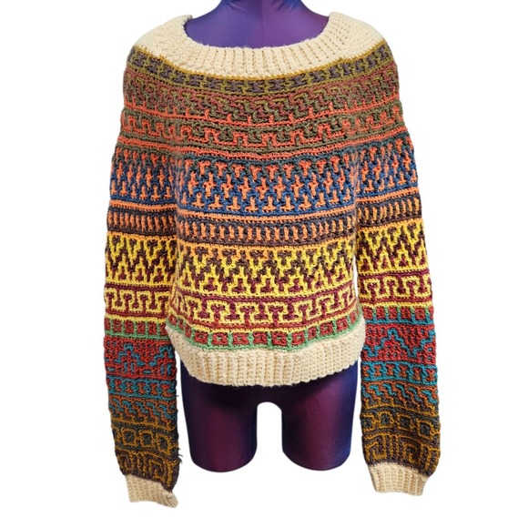 Handmade Crochet Mosaic Sweater Multi Color Geometric Boho Chunky Knit Pullover - Picture 2 of 6